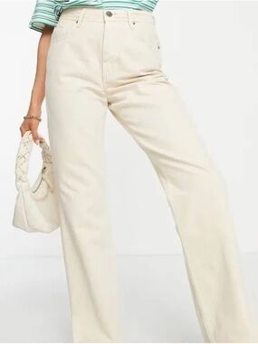 River Island Ecru Cream Split Hem Straight Leg Jeans High Rise Size 14 Short